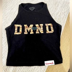 Diamond sleeveless, black, cropped halter tank. Size small, 100% cotton.